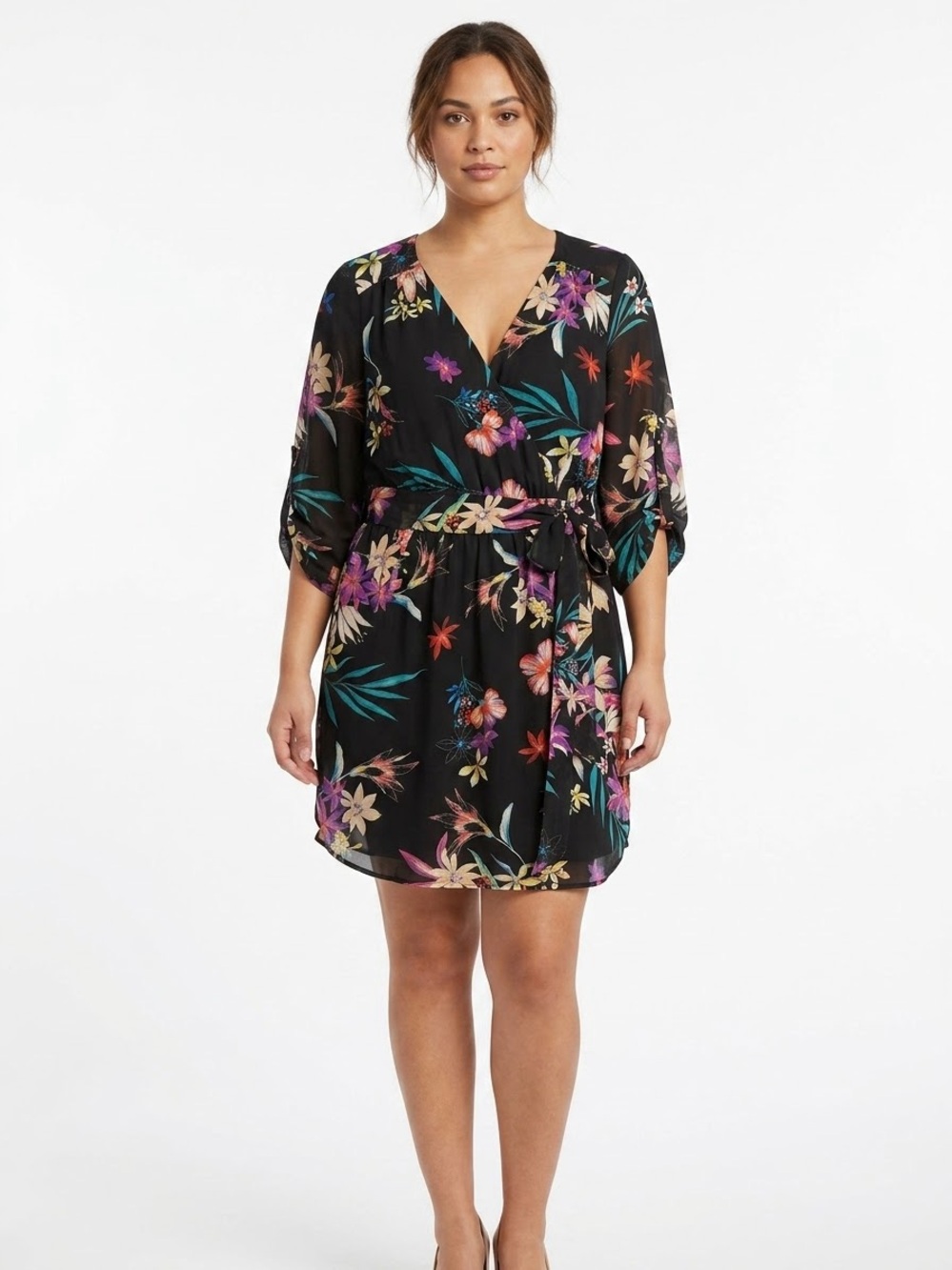 DR2 Floral Faux Wrap Dress Belted 3/4 Sleeves V-Neck Tropical Boho Size Small